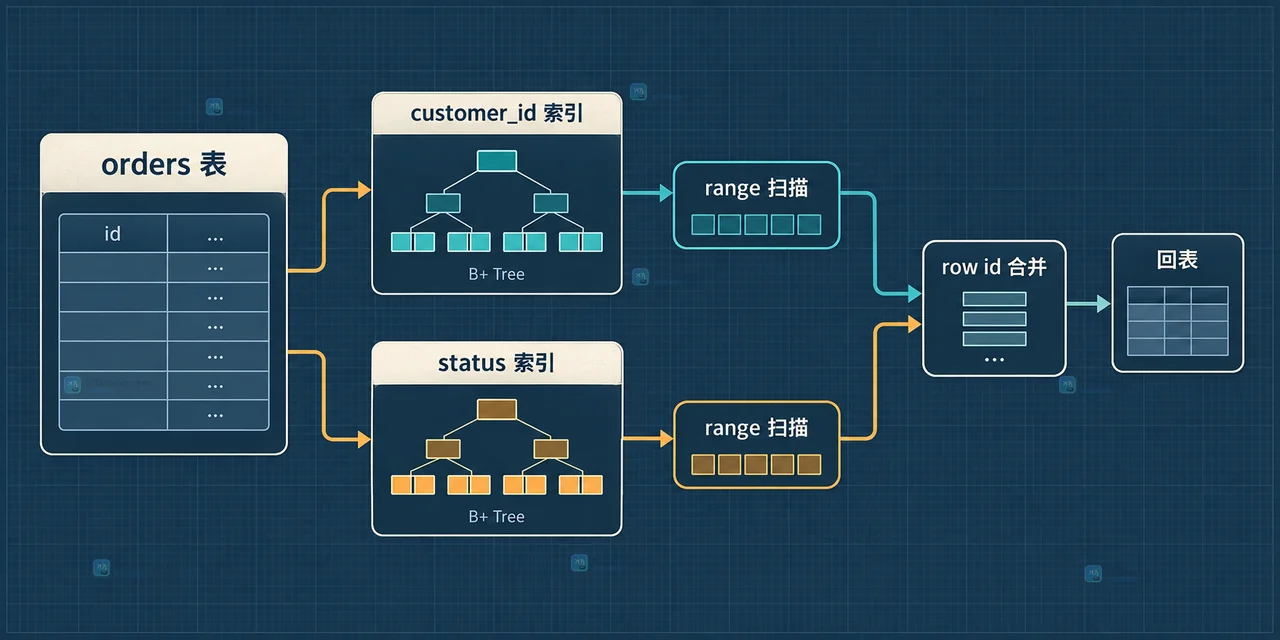MySQL OR 查询从成本估算到 type=index_merge、key、key_len、rows 和 Extra 对照的静态技术图