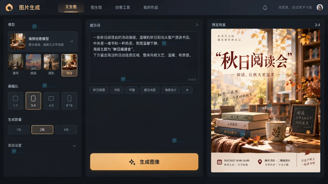 LiblibAI新版图片生成器中选择模型、3比4画幅和海报提示词的设置示意
