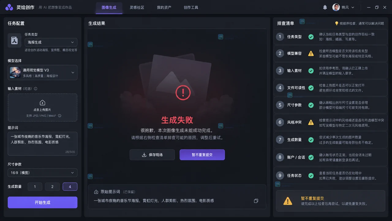 LiblibAI图片生成失败时按任务、模型、素材和参数保存现场并排查的界面示意