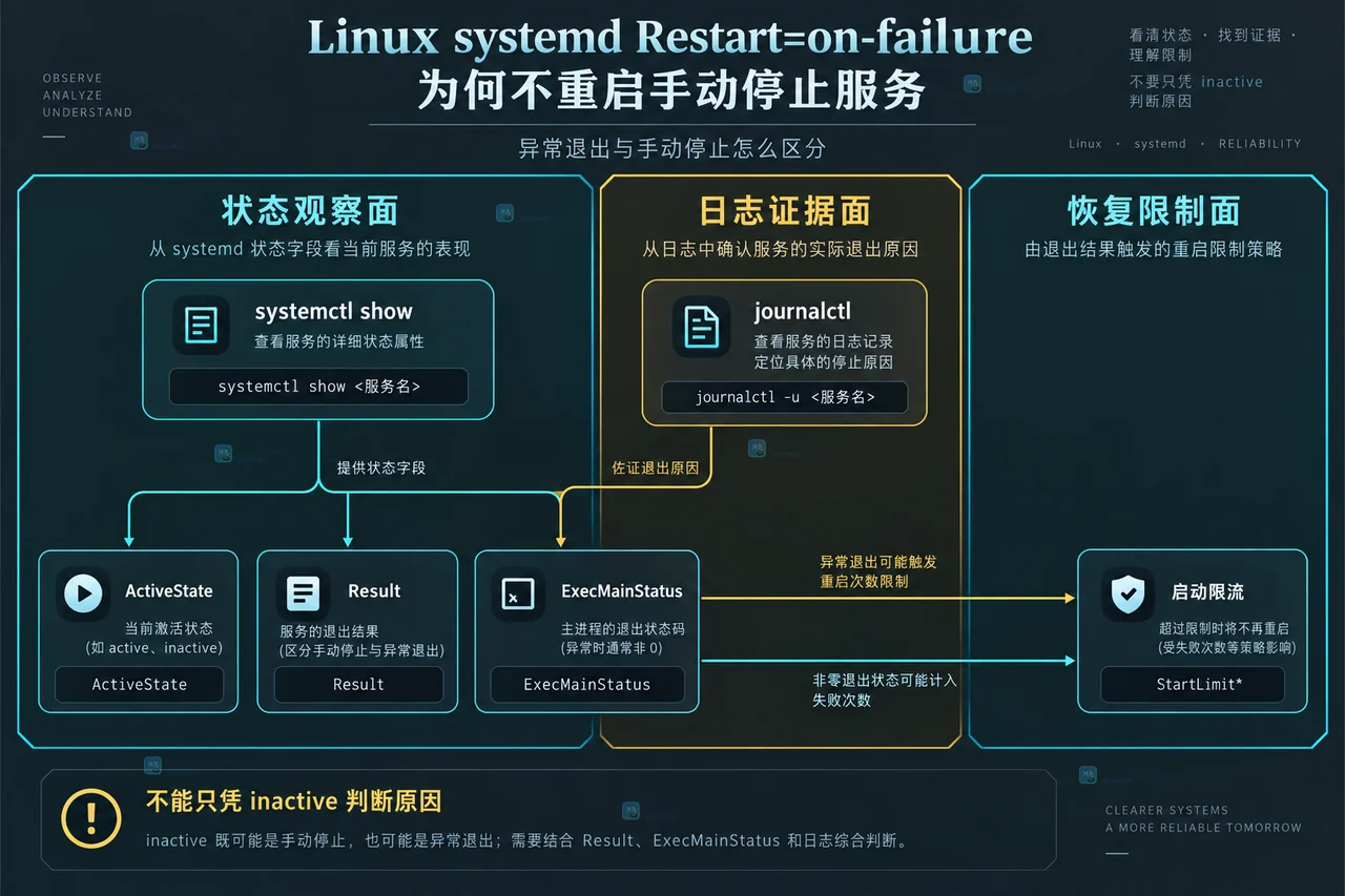 Linux systemd中手动停止请求、停止作业、服务进程与Restart on failure判定边界的原创静态关系图