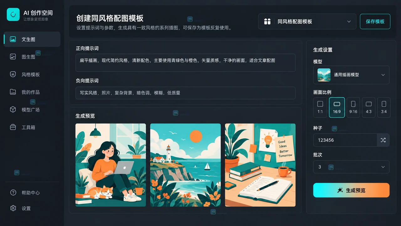LiblibAI同风格配图提示词模板、模型、画幅和批次参数设置的原创界面示意