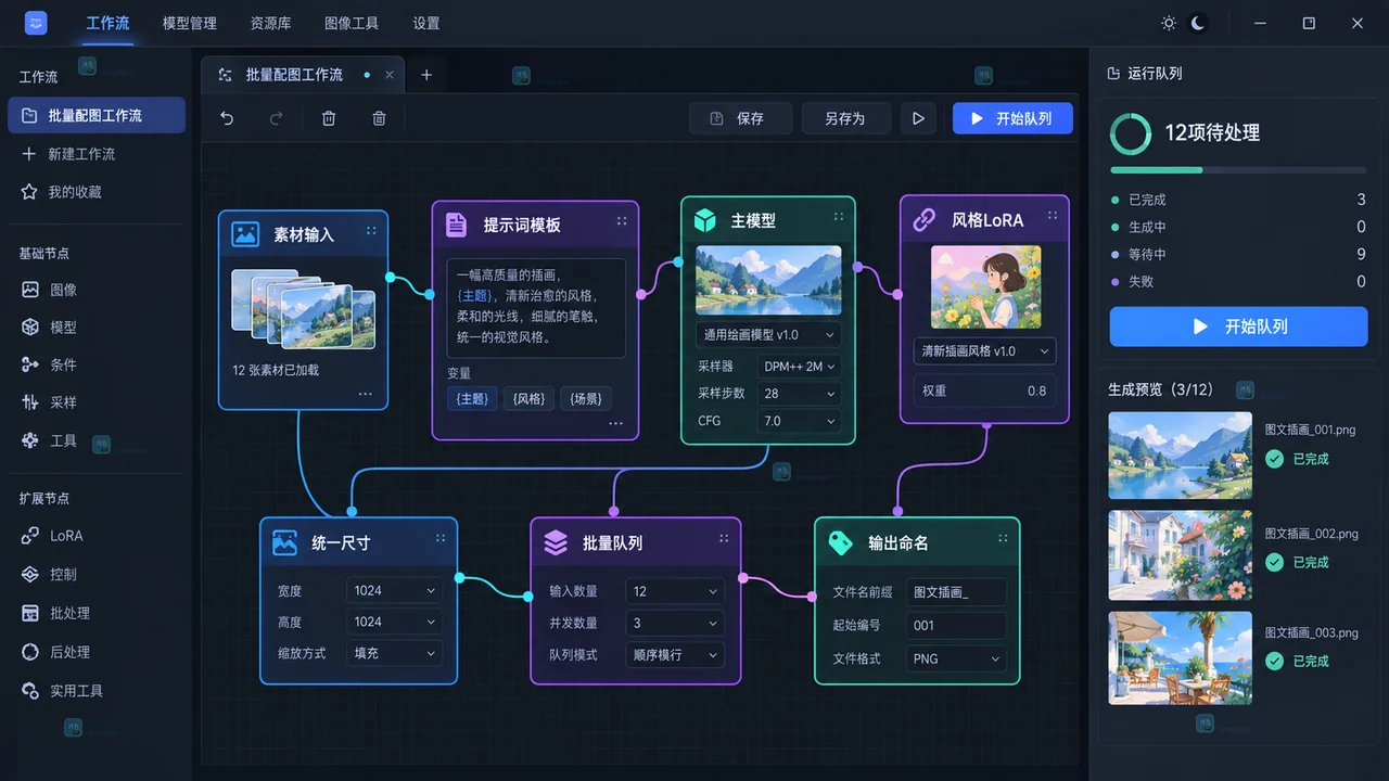 LiblibAI ComfyUI素材、提示词、模型、LoRA、尺寸和输出命名节点组成的原创批量工作流示意
