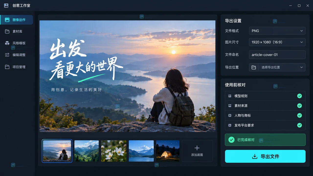 LiblibAI图片导出格式、尺寸、命名和使用条件核对的原创界面示意