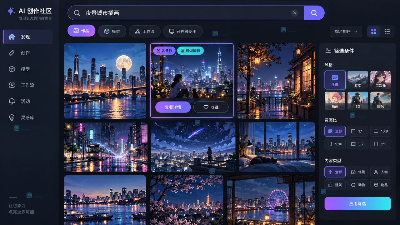 LiblibAI创作者社区按作品、模型、工作流和可在线使用条件筛选的原创界面示意