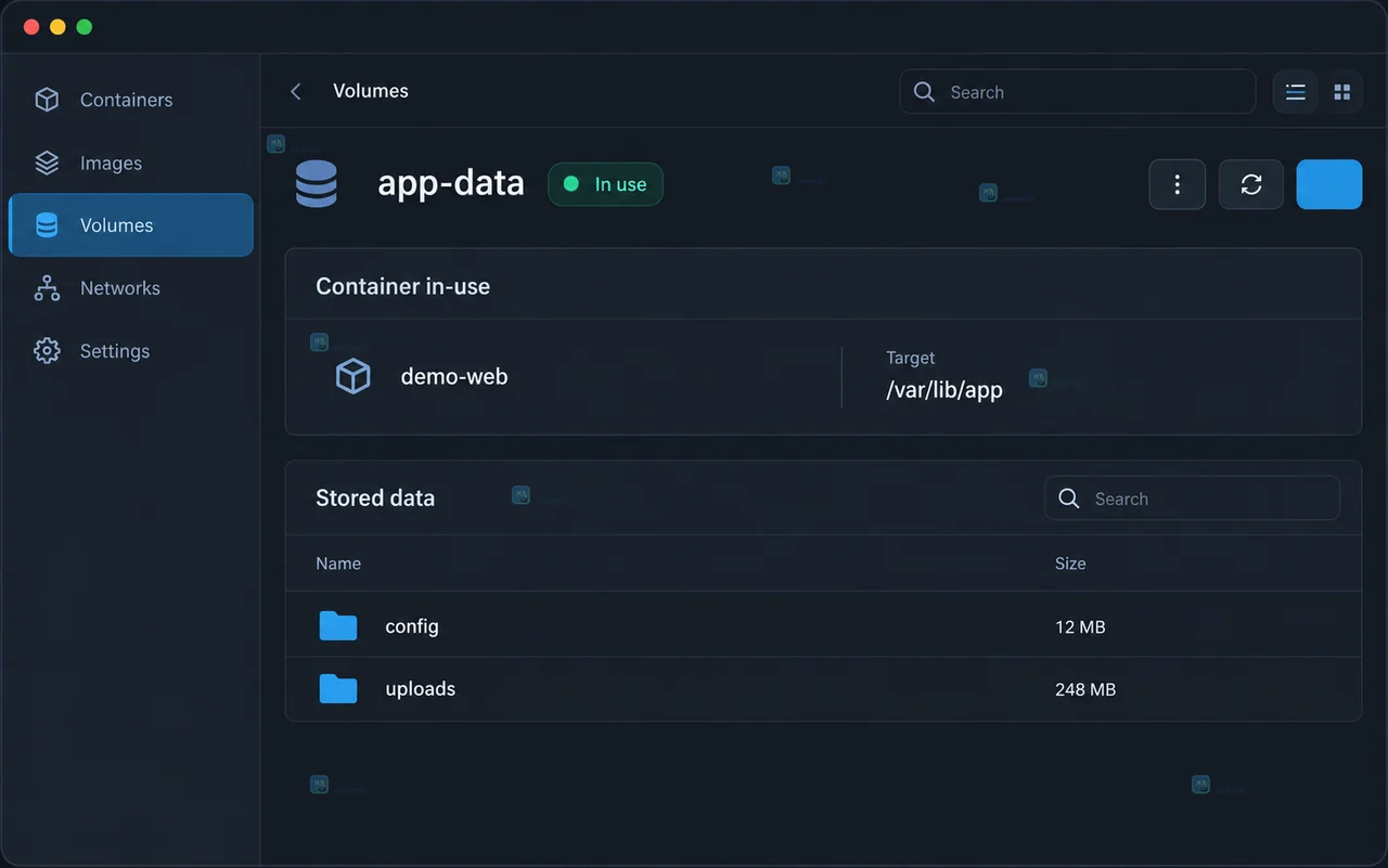 Docker Desktop 容器 Inspect Mounts 面板展示 bind 类型、Source 宿主机目录和 Destination 容器目录