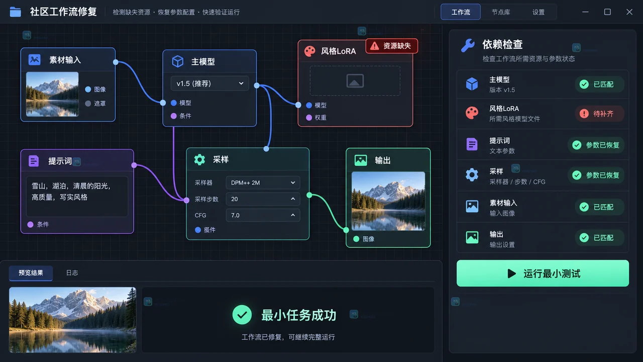 LiblibAI工作流补齐模型和LoRA依赖后运行最小任务的原创界面示意