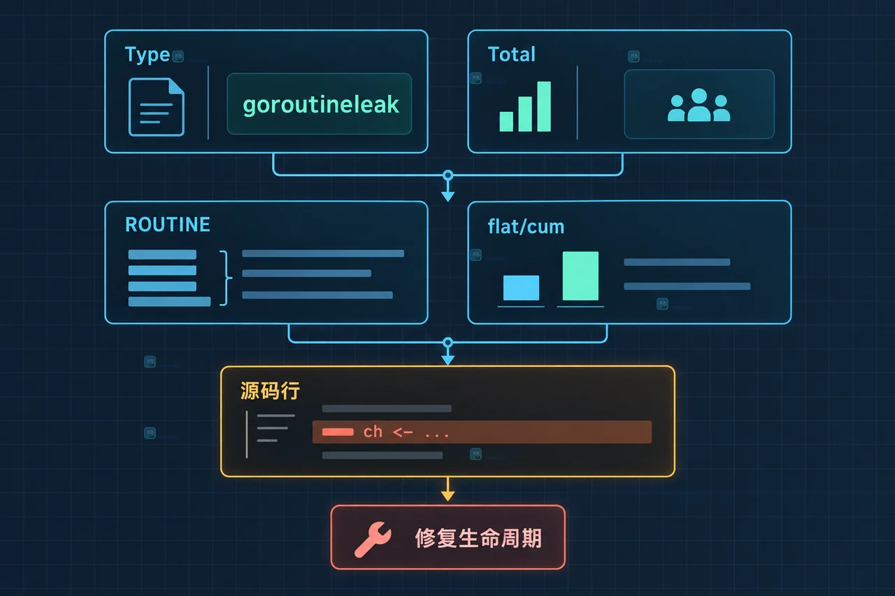 Go 1.27 goroutineleak profile 中运行 goroutine、孤立 channel、永久阻塞 goroutine 与 GC reachability 的关系图