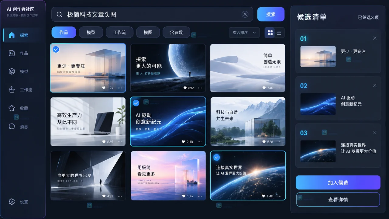 LiblibAI创作者社区按作品、模型、工作流、横图和参数完整度建立三项候选的原创界面示意