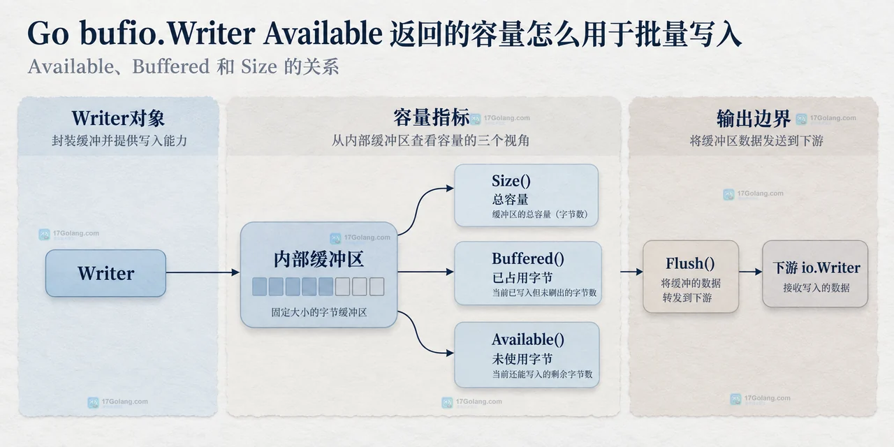 Go bufio.Writer 用记录字节长度与 Available 判断批次边界的静态关系框图