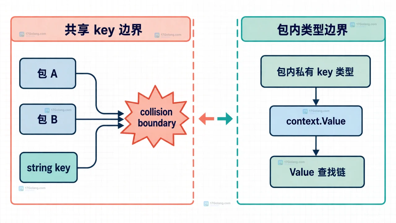 Go context.WithValue 中通用 string key 的共享边界与包内私有 key 类型的独立查找链