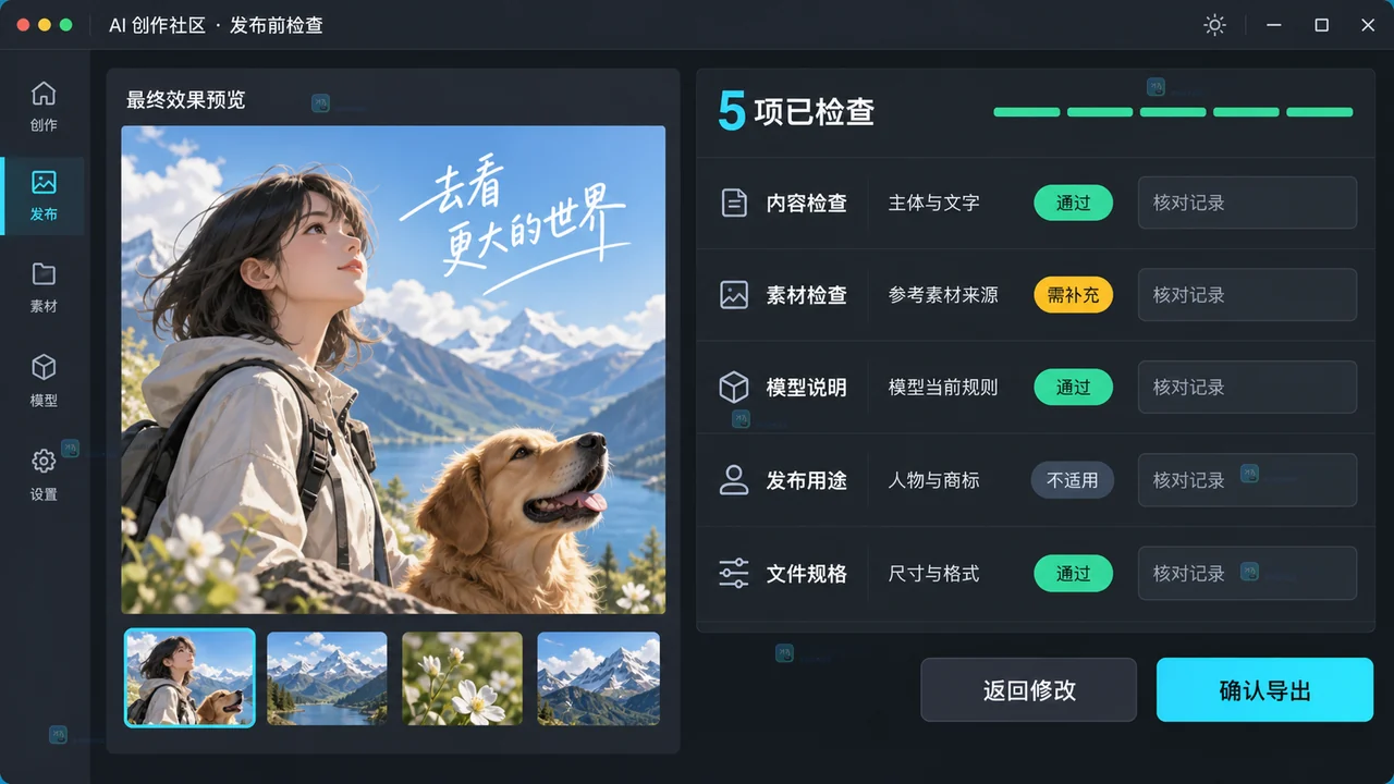 LiblibAI社区参考作品发布前检查内容、素材、模型说明、用途和文件规格的原创界面示意