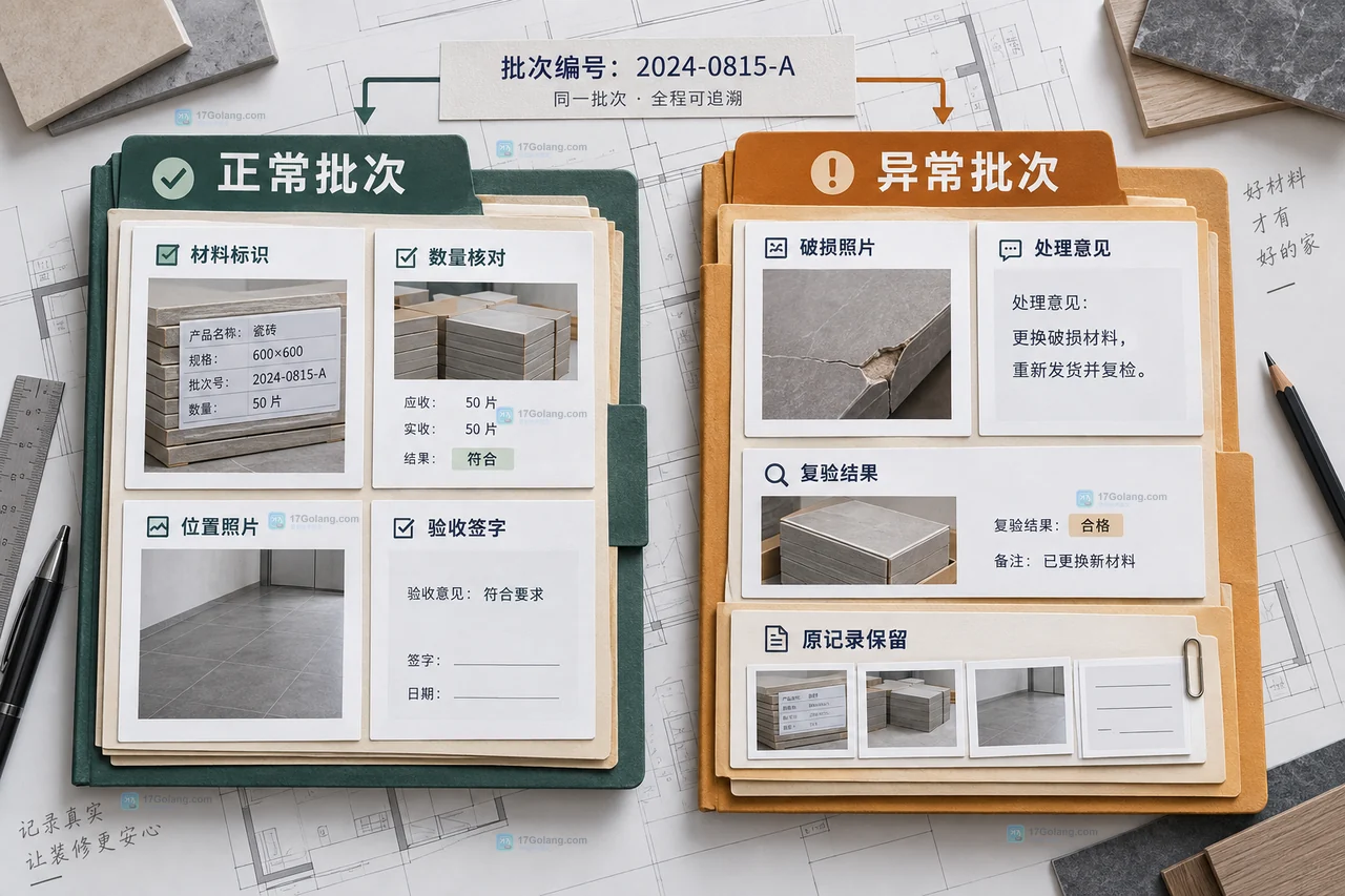 装修材料进场批次号连接到货信息、包装标签照片、现场验收照片和验收签字单的原创说明图