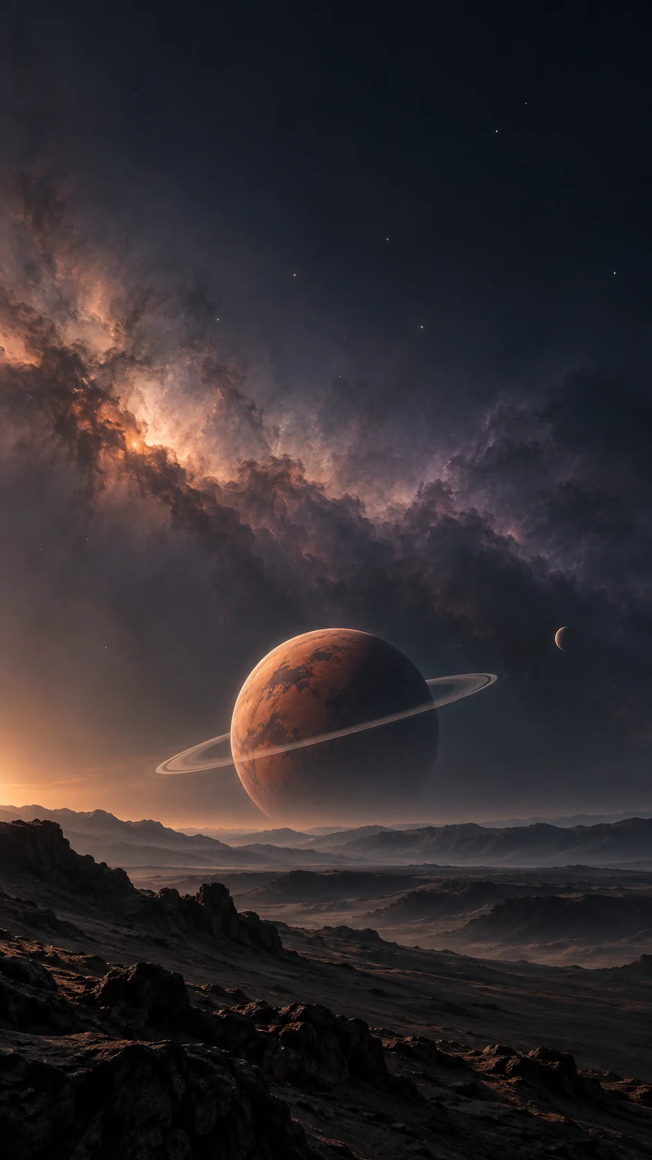 赤陶星球与细环月面手机锁屏壁纸,上方保留时钟留白,主体处在安全内框中