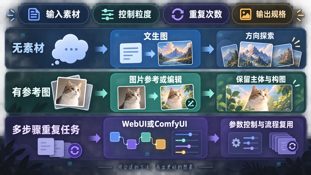 按输入素材、控制粒度、重复次数和输出规格选择LiblibAI AI绘画方式的原创示意图