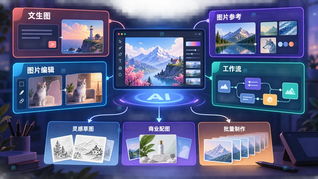 LiblibAI文生图、图片参考、图片编辑和工作流AI绘画能力的原创示意图