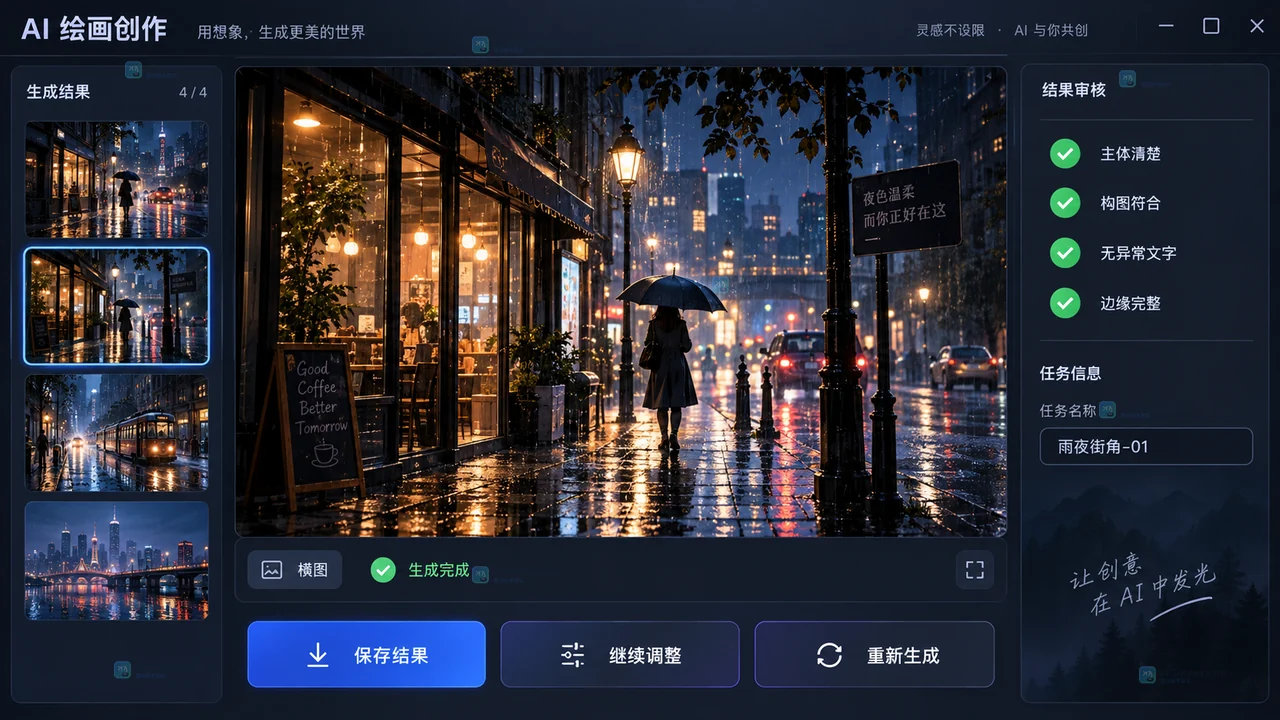 LiblibAI第一张AI绘画结果检查主体、构图、文字和边缘并保存的原创界面示意