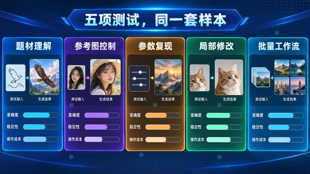 AI绘画工具题材理解、参考图控制、参数复现、局部修改和批量工作流五项测试评分卡原创示意