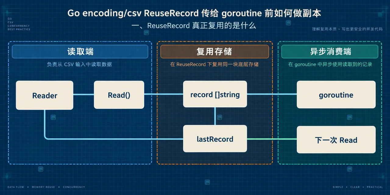Go encoding/csv 从 Read 返回 record 到 append 复制再交给 goroutine 的切片边界关系图