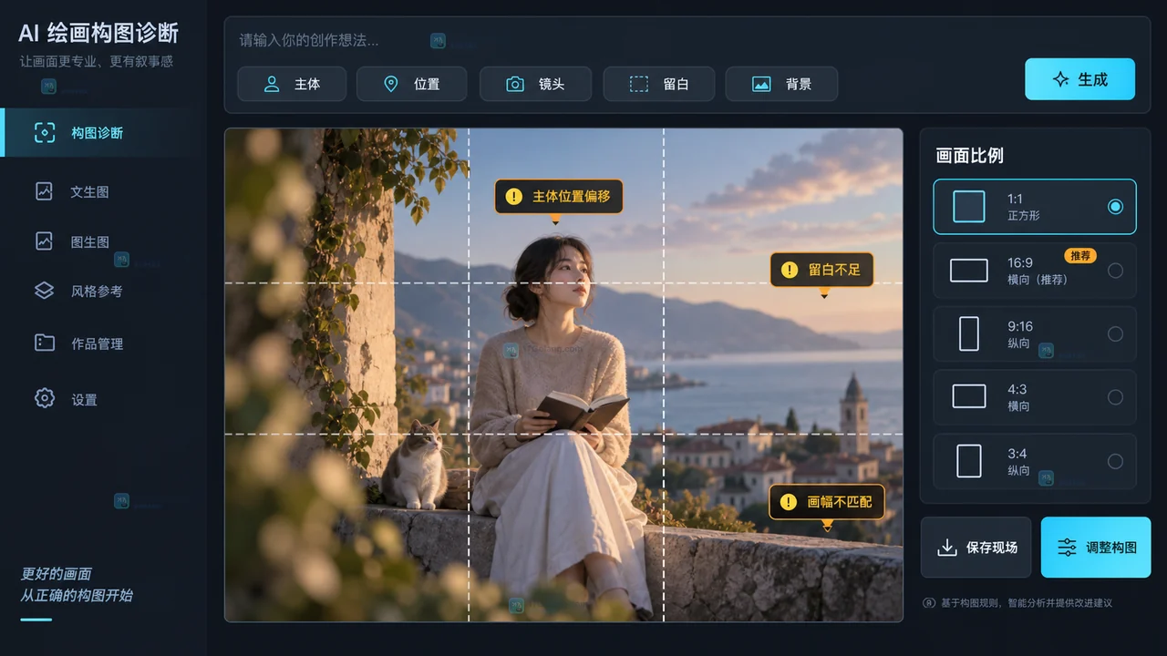 LiblibAI生图构图跑偏时拆分主体、位置、镜头、留白和背景的原创界面示意