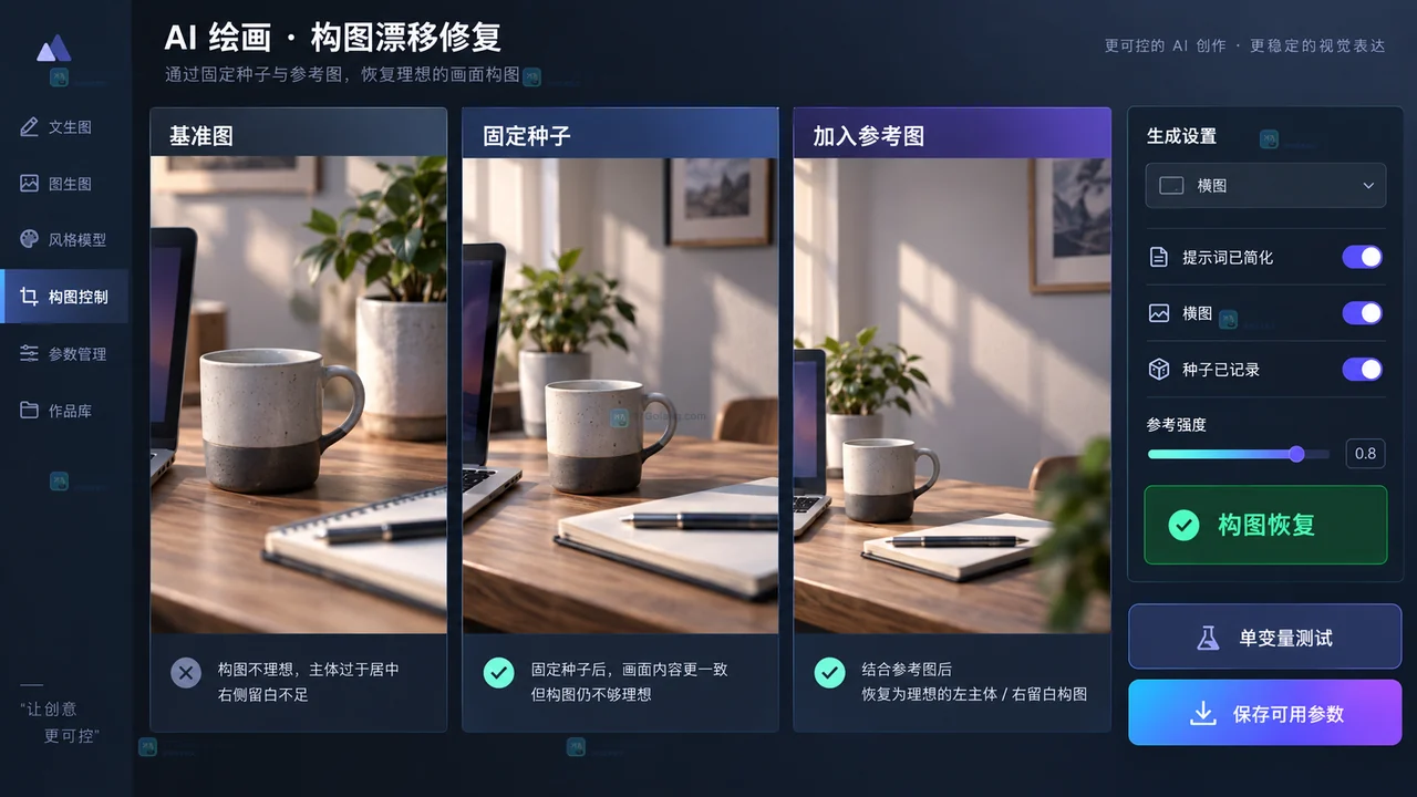 LiblibAI通过基准图、固定种子和构图参考图逐步修复生图构图的原创界面示意