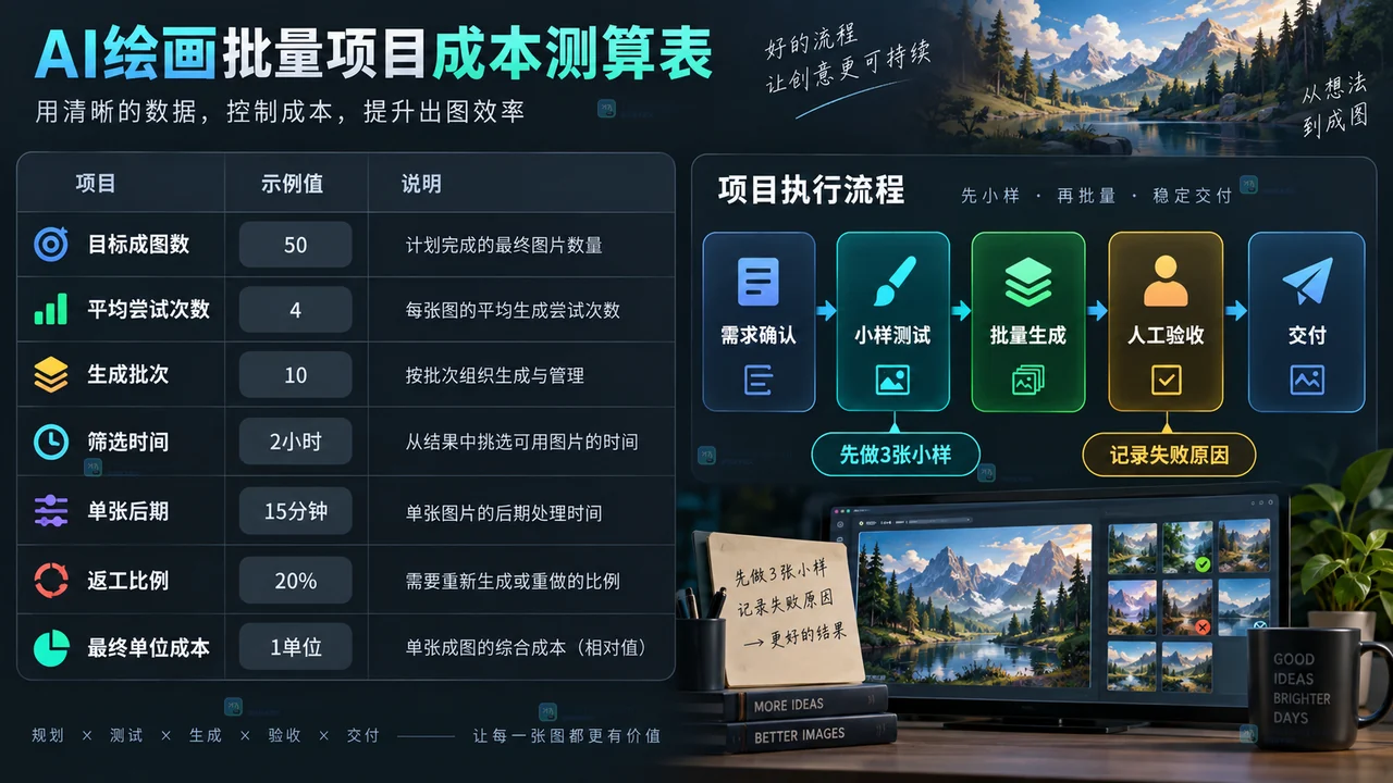 LiblibAI AI绘画项目通过三张小样记录生成次数、筛选时间、后期和返工比例的原创成本表