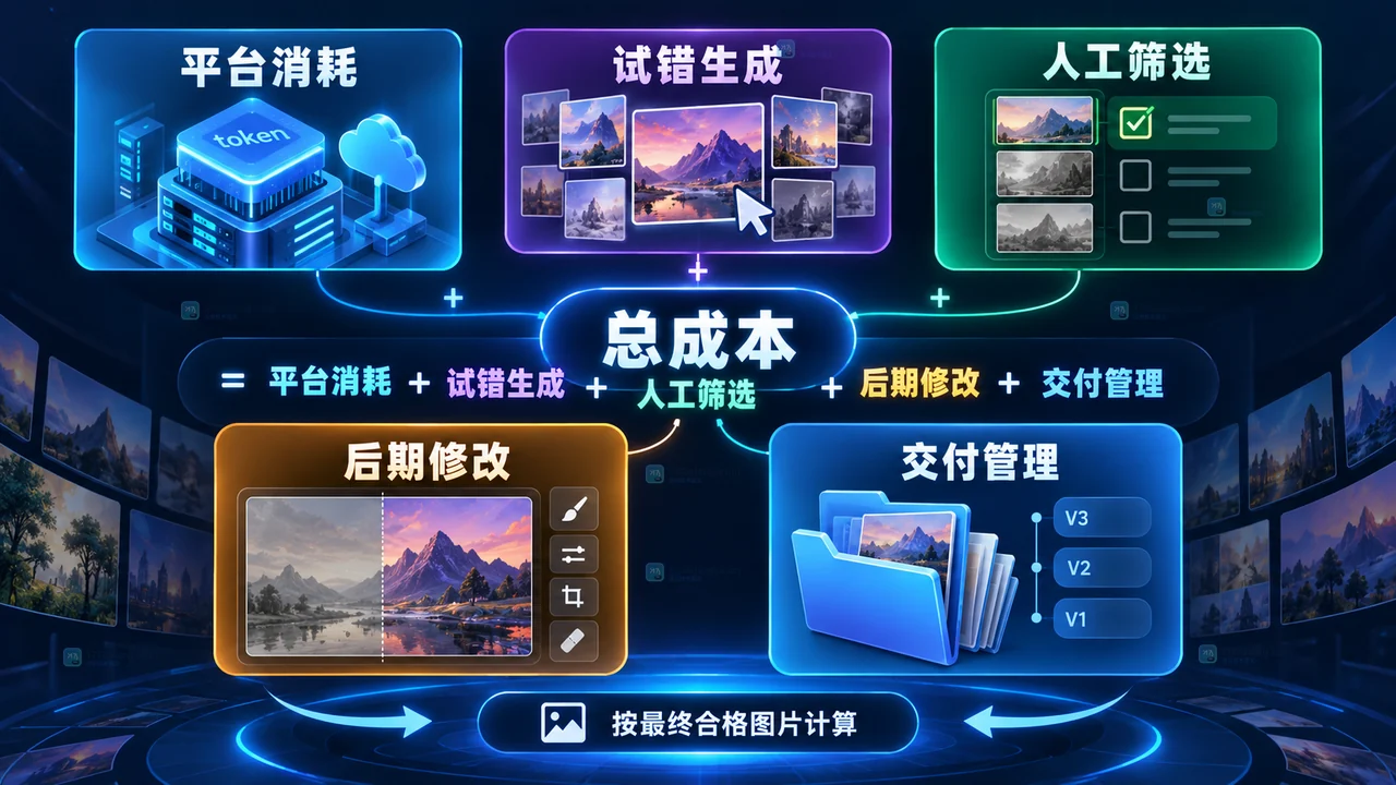 LiblibAI AI绘画项目的平台消耗、试错生成、人工筛选、后期修改和交付管理总成本原创示意图