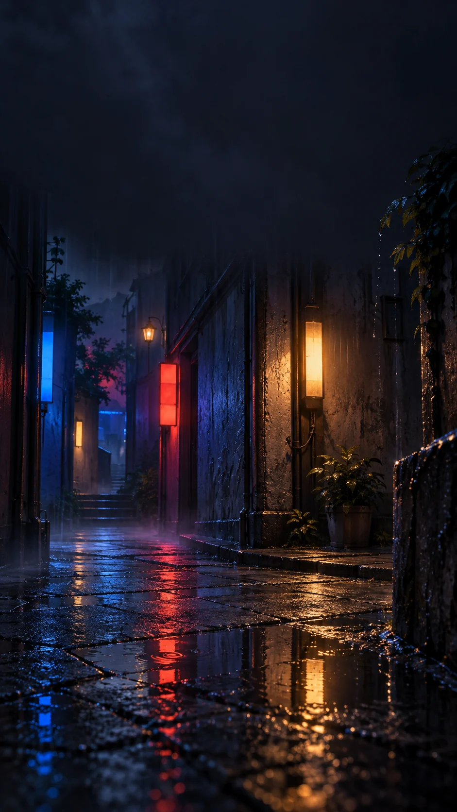 雨后霓虹巷口低机位手机壁纸变体，彩色抽象光块沿斜线落在下三分之一