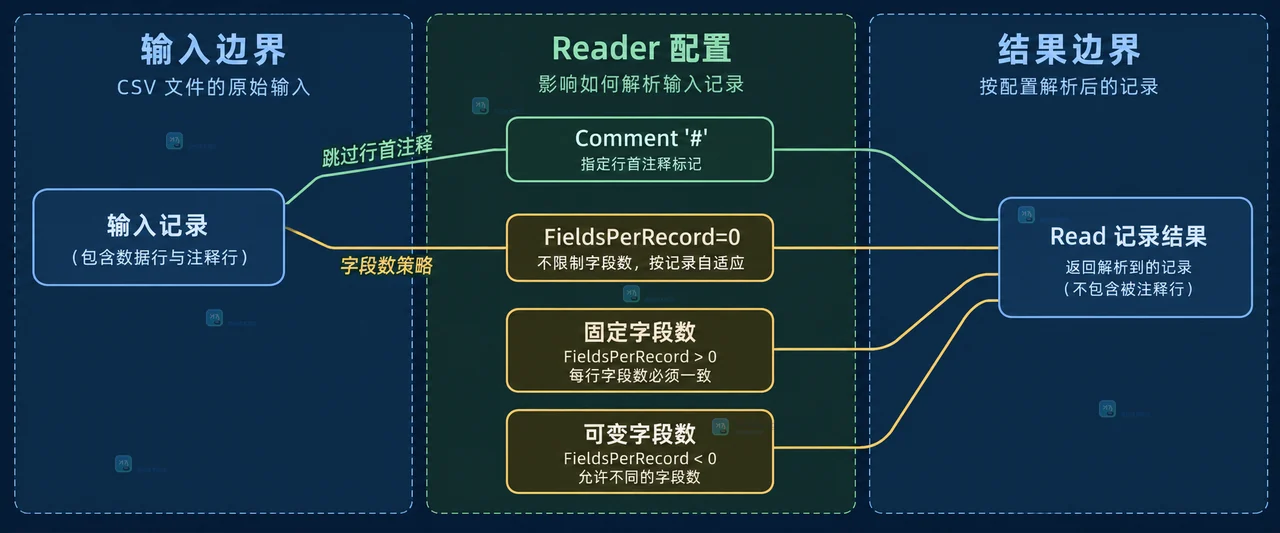 Go encoding/csv Reader 的 Comment 行首匹配与字段数据边界静态结构图