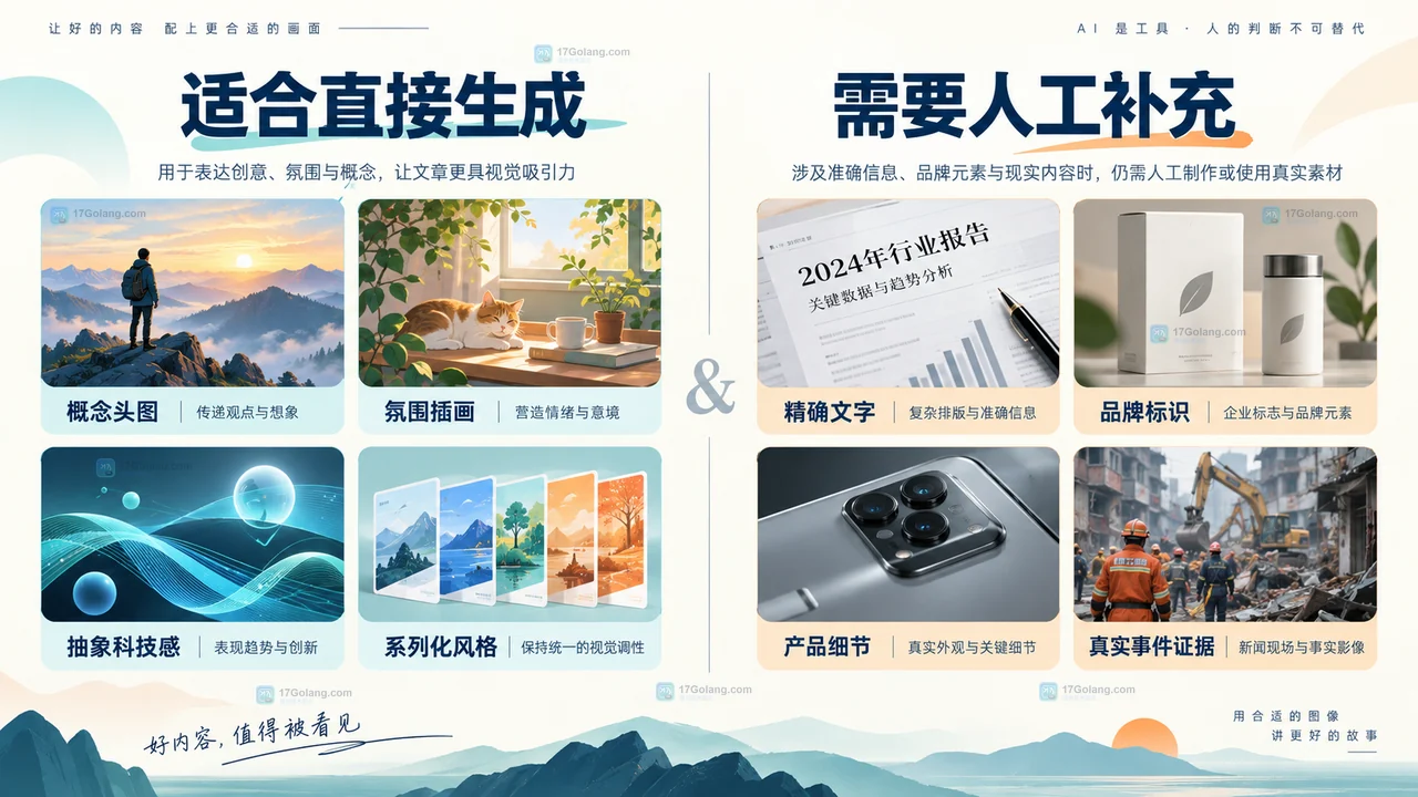 文章头图适合AI生成的概念氛围视觉与需要人工补充的精确内容原创对照图