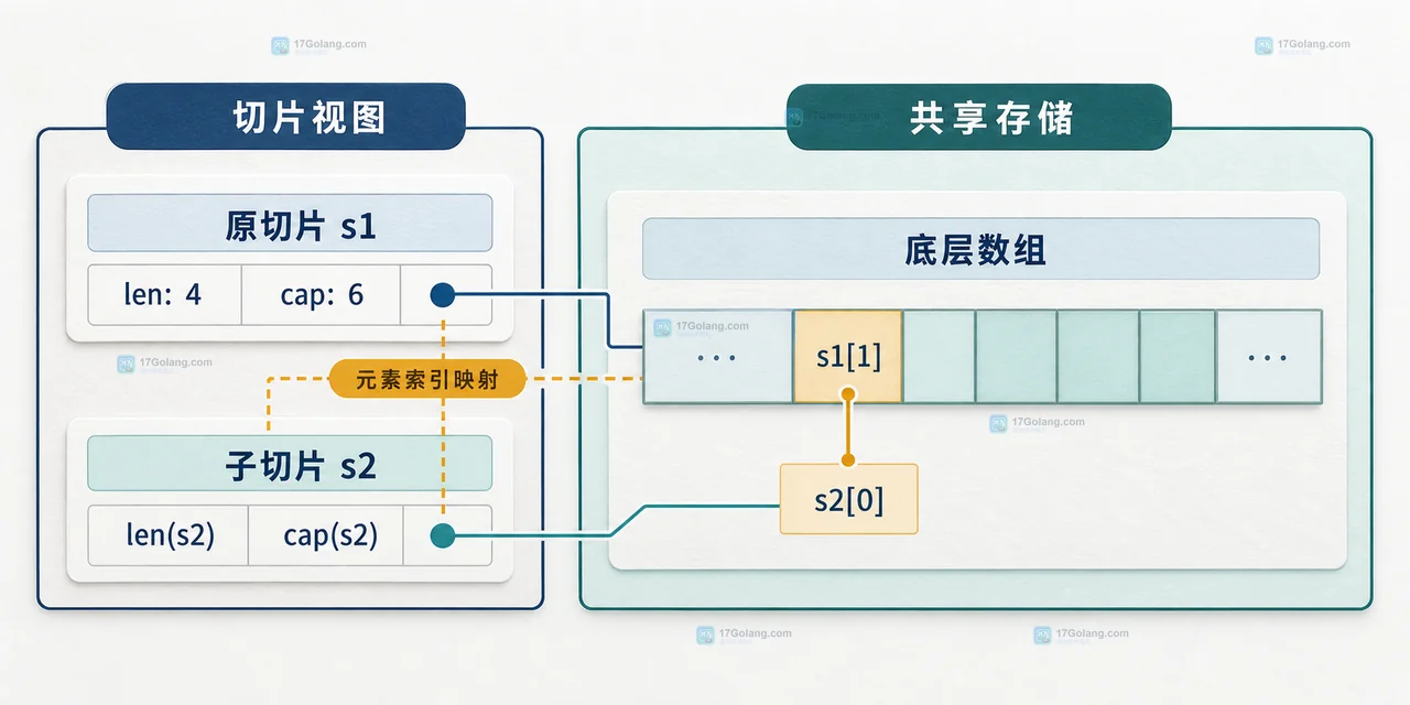 Go 三下标切片 append 与 slices.Clone 的容量边界和存储所有权关系图