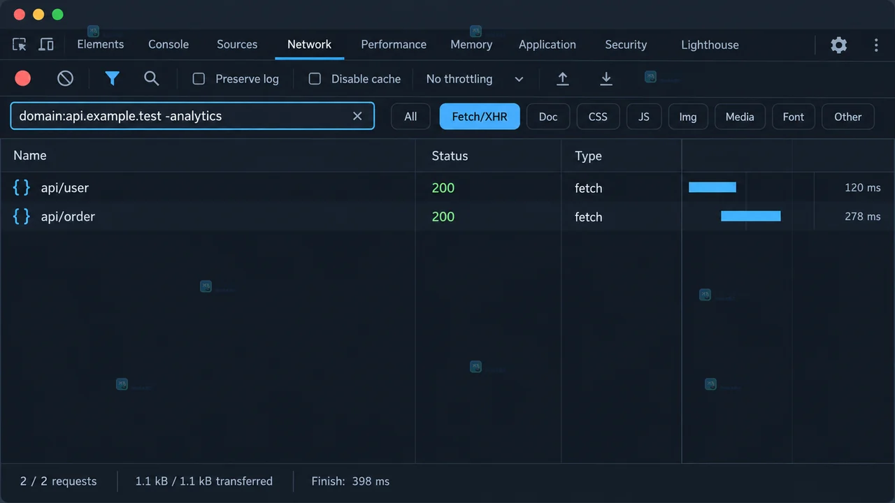 Chrome DevTools Network 请求详情状态,显示 api/order 的 Headers、Payload、Response 和 Initiator 标签