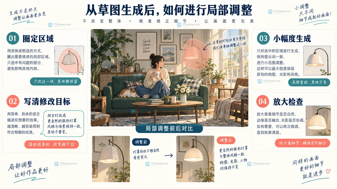 LiblibAI通过圈定区域、说明修改目标、小幅生成和放大检查完成局部调整的原创示意图
