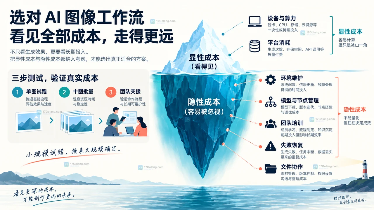 AI画图工作流显性成本和环境维护、节点管理、培训、失败恢复等隐性成本的原创冰山图