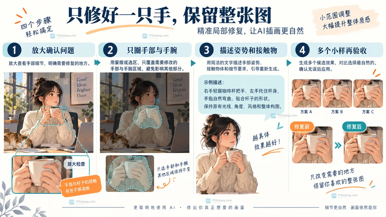 LiblibAI通过放大问题、圈定手部手腕、描述姿势接触物和多个小样验收的原创局部修复图