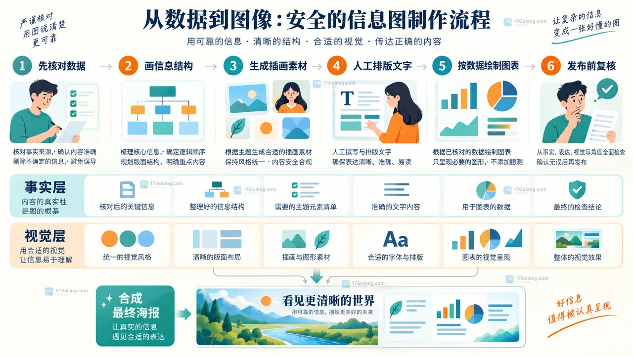从数据核对、信息结构、生成视觉素材到人工排版绘图表和发布复核的原创流程图