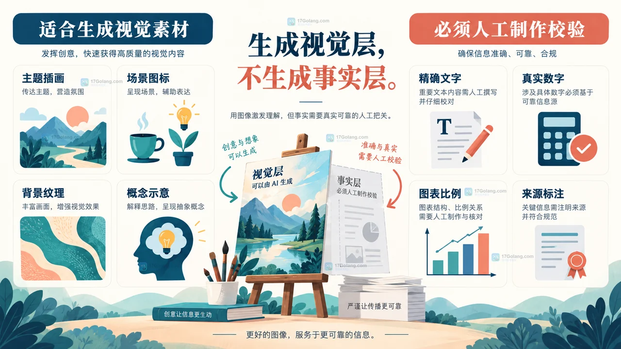 信息图中AI适合生成的视觉素材与必须人工校验的文字数字图表来源边界图