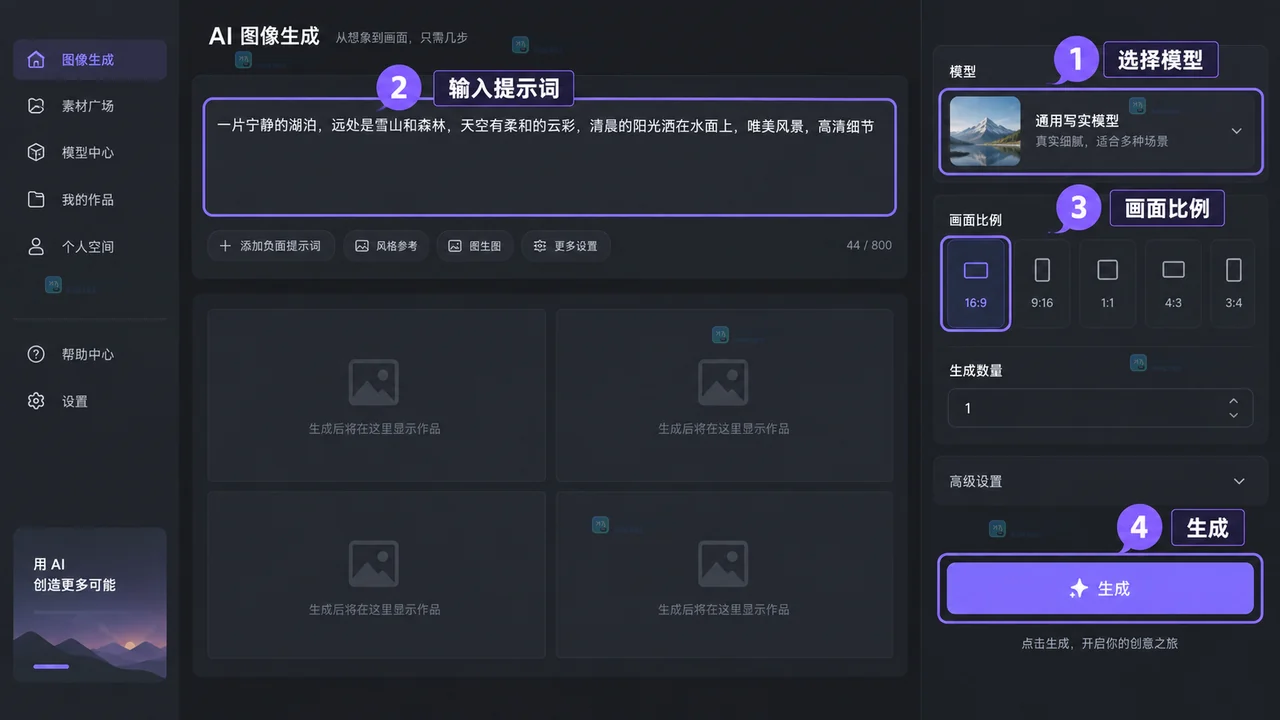 LiblibAI文生图新手选择模型、输入提示词、设置画幅并点击生成的操作示意
