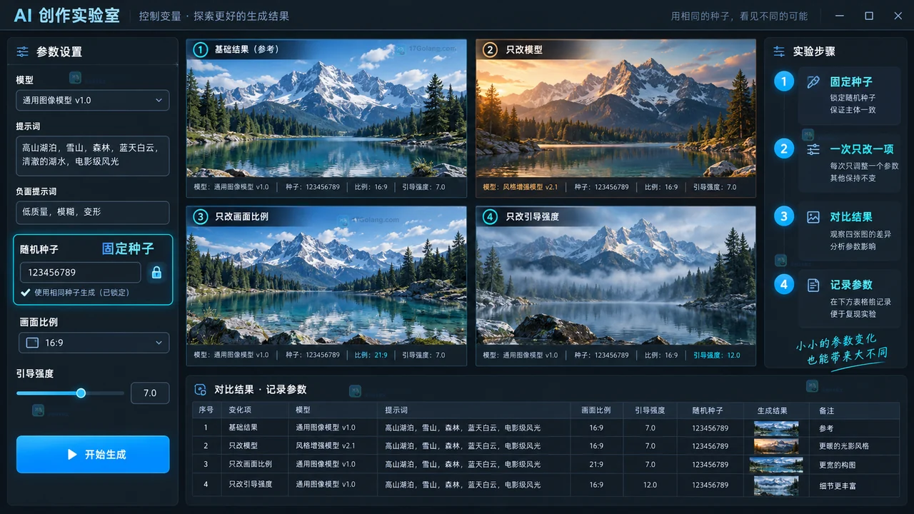 固定随机种子并分别修改模型、画幅和引导强度的单变量对比界面
