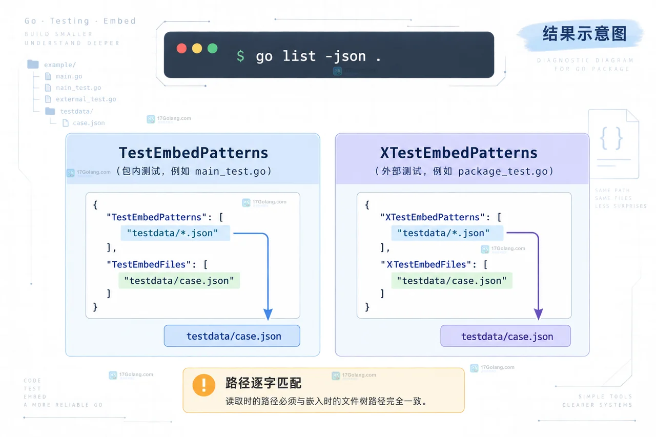 Go embed 测试包中 config、testdata 文件与 embed.FS 读取路径的操作示意图
