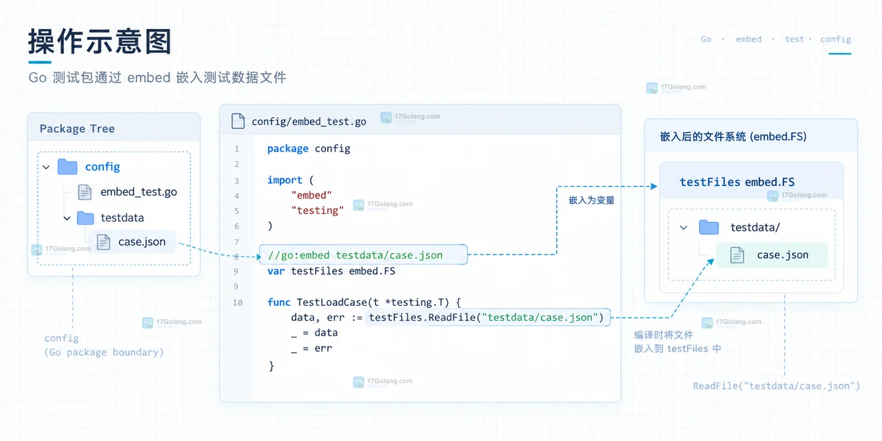 go list 诊断 Go 内部测试包和外部测试包嵌入文件字段的结果示意图