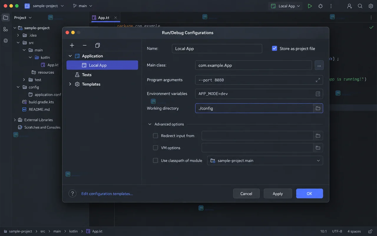 JetBrains IDE 使用项目级共享运行配置并显示工作目录与结束状态的结果示意图
