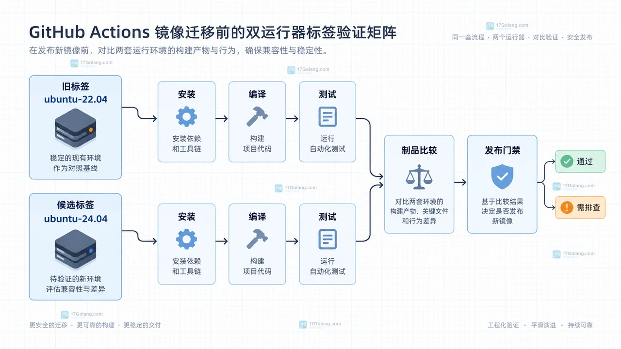 GitHub Actions runner 镜像、项目锁定依赖和系统组件三层关系示意图