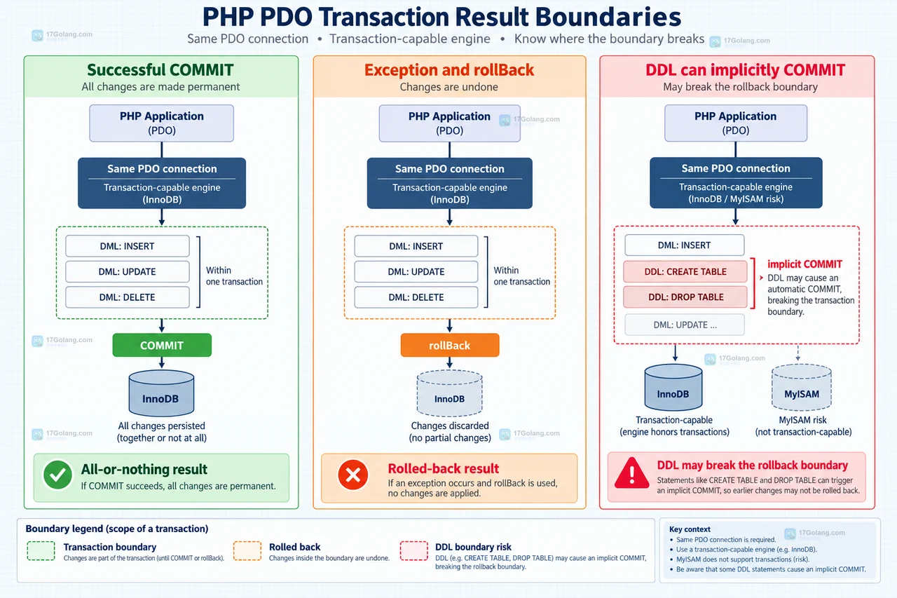 PHP PDO 事务示意中的异常模式、beginTransaction 和订单库存写操作边界