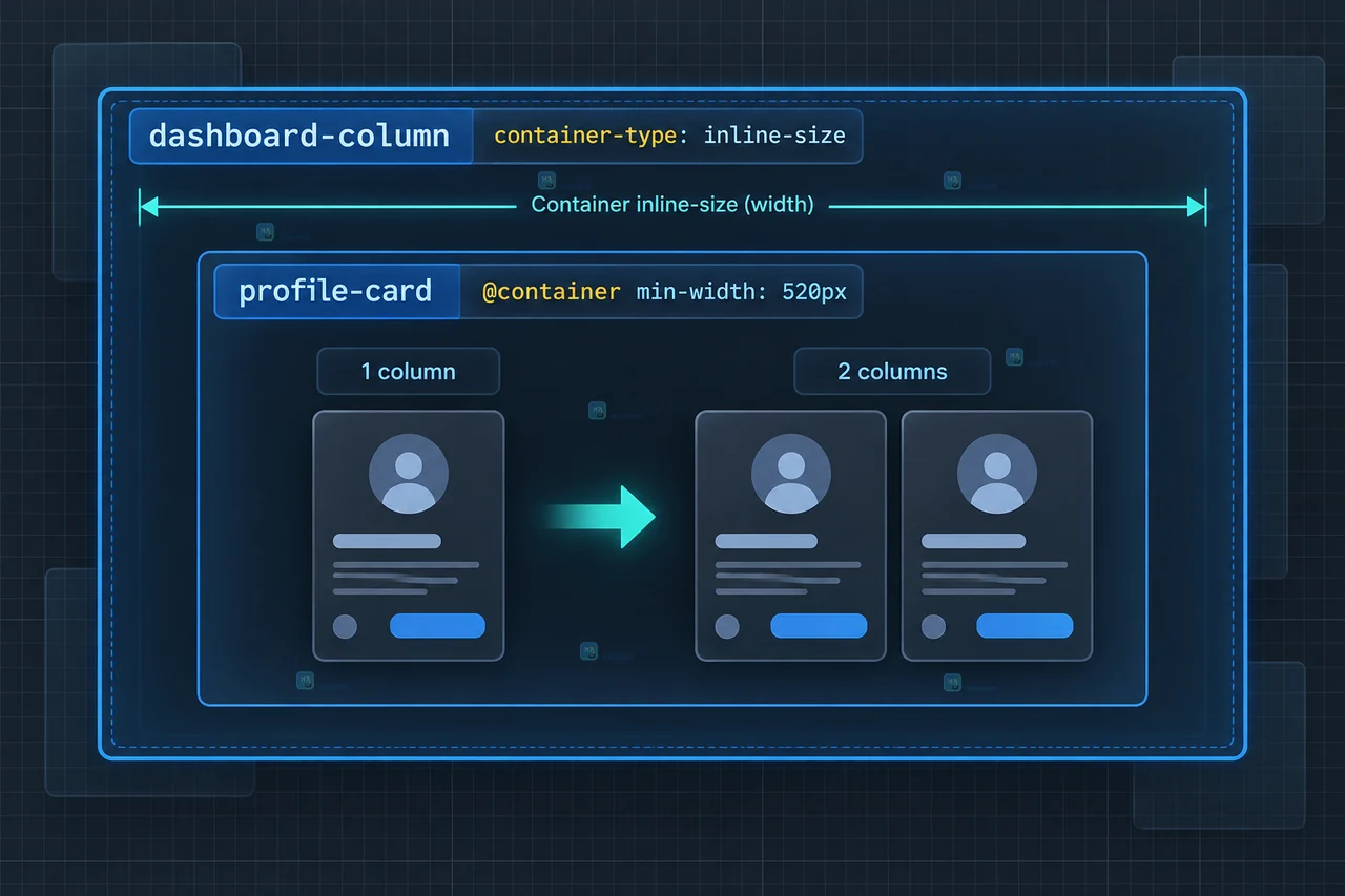 CSS container query 嵌套作用域示意：命名的 member-panel 容器命中条件后切换 profile-card 两列布局