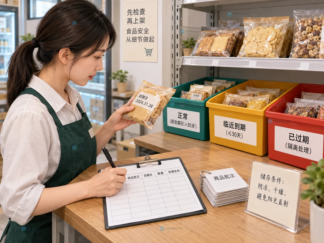 临期商品样品封存与处理记录示意图,展示样品编号、封存位置、处理单号和责任人之间的追溯关系