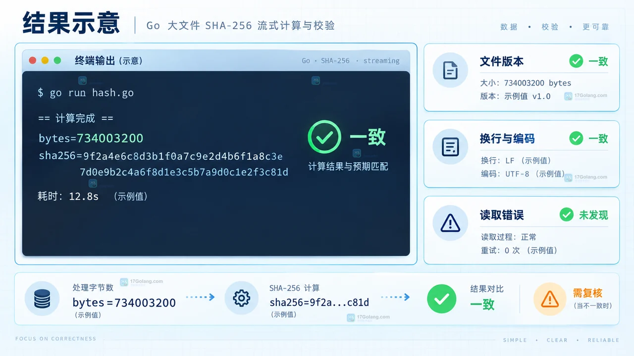 Go crypto/sha256 与 io.Copy 对大文件进行流式摘要的操作示意图