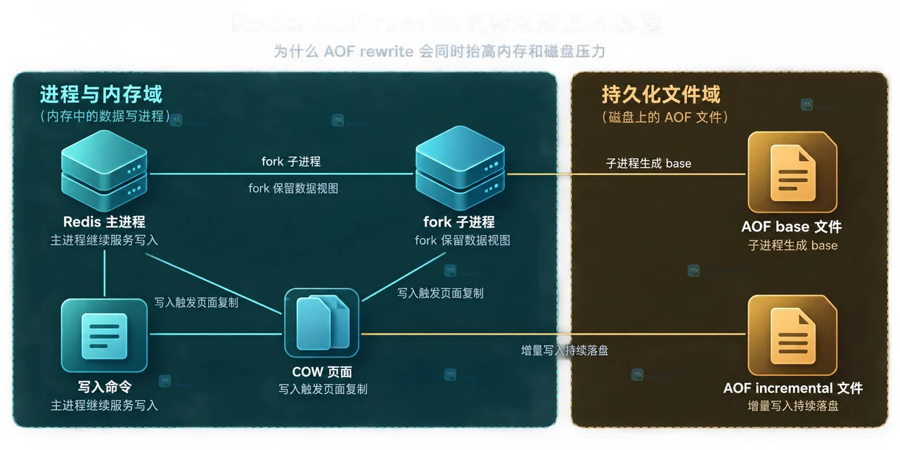 Redis AOF rewrite 诊断中 INFO persistence、INFO memory、MEMORY STATS 与主机资源共同指向运维动作的关系矩阵