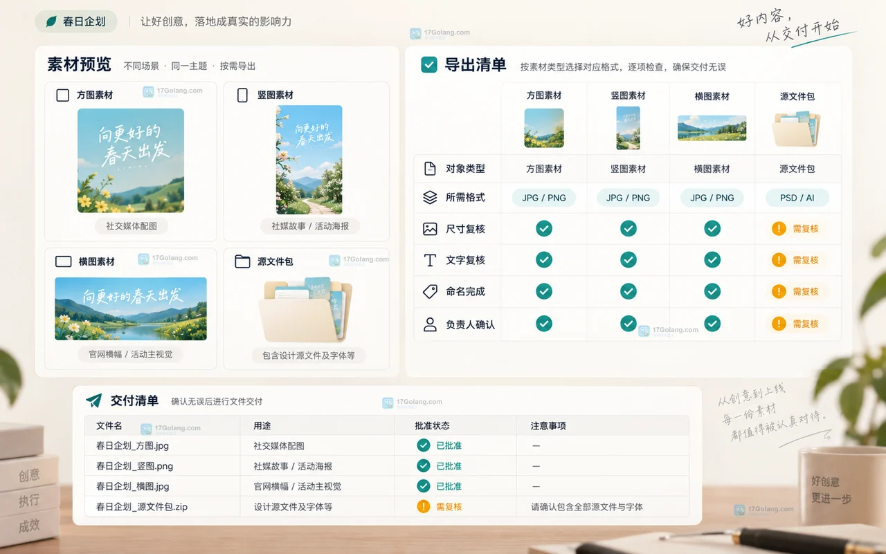 Lovart 活动素材导出与交付清单示意图