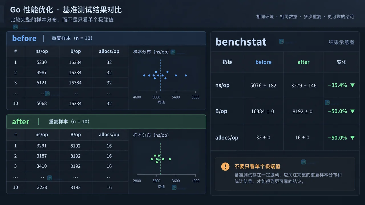 Go testing.B benchmark 编辑器操作示意，准备输入后使用 B.Loop 收窄计时区间