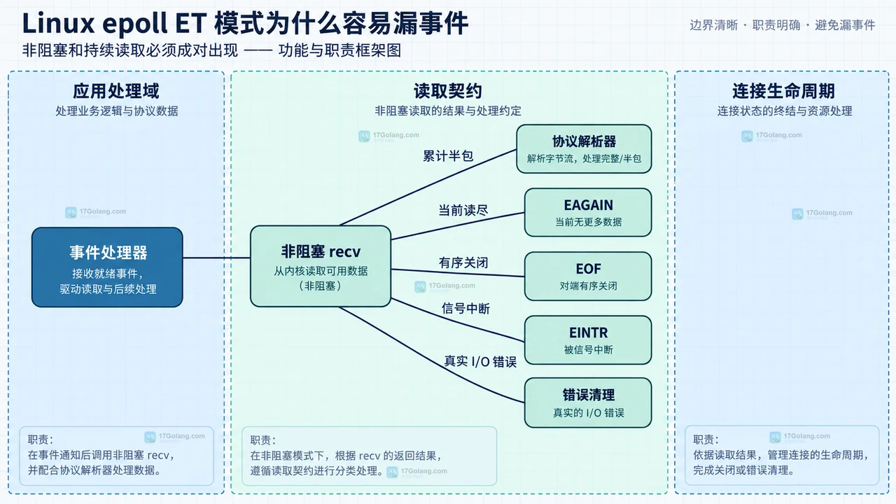 Linux epoll ET 事件处理器、非阻塞 recv、协议解析器、EAGAIN、EOF 和错误清理之间的静态关系